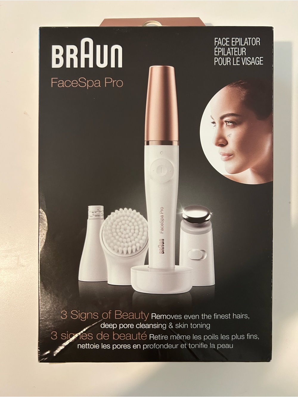 FaceSpa Pro Women's Facial Epilator & Cleansing Brush – White with Rose Gold